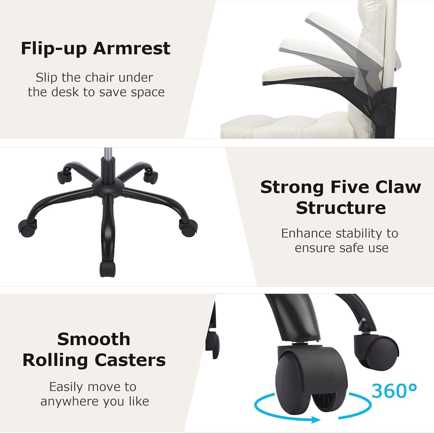 Ergonomic Swivel Office Desk Chair with Flip-Up Armrest and Adjustable Height, Lumbar Support & PU Leather Thickened Cushion, for Computer Task Work, White