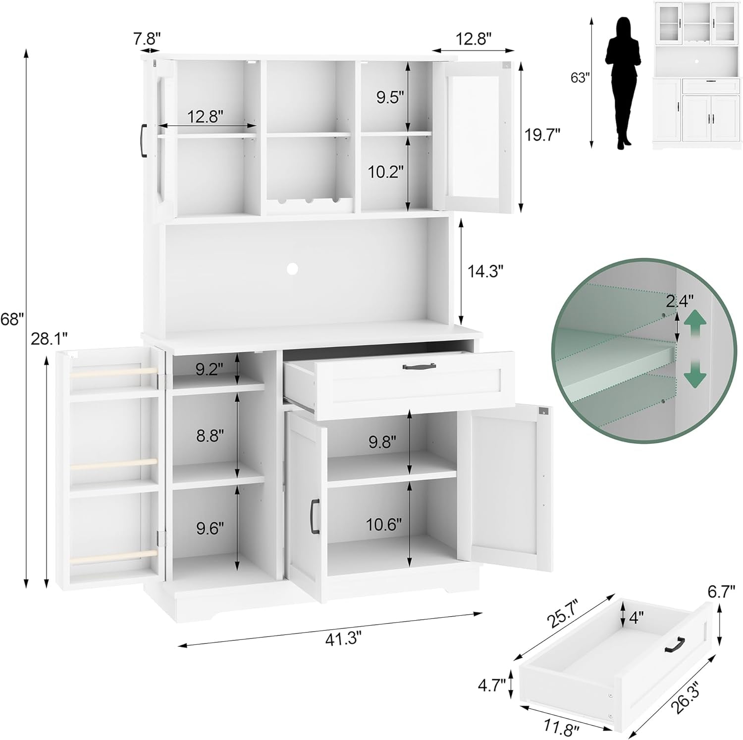 Kitchen Pantry Storage Cabinet, Freestanding Buffet Cabinet with Microwave Stand & 4 Door Shelves, Kitchen Hutch with Doors, Adjustable Shelves and Wine Rack, White
