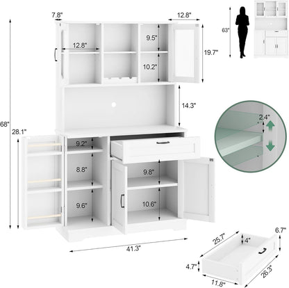 Kitchen Pantry Storage Cabinet, Freestanding Buffet Cabinet with Microwave Stand & 4 Door Shelves, Kitchen Hutch with Doors, Adjustable Shelves and Wine Rack, White