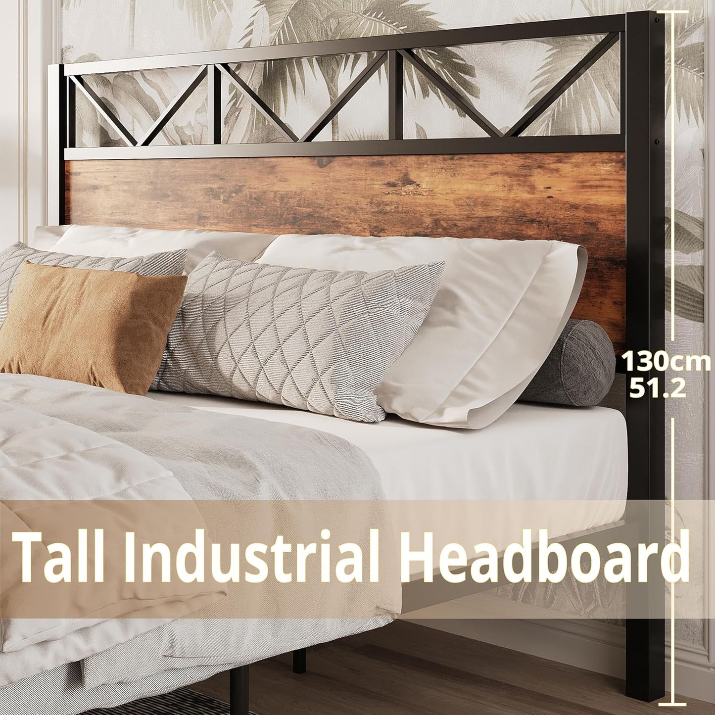 Queen Bed Frame, Tall Industrial Headboard 51.2 ", Platform Bed Frame with Strong Metal Support, Solid and Stable, Noise Free, No Box Spring Needed, Easy Assembly, Vintage Brown