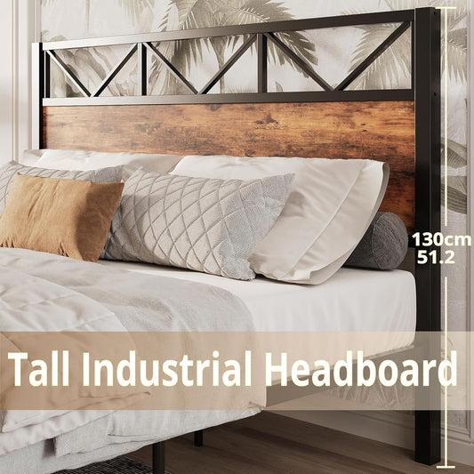 Queen Bed Frame, Tall Industrial Headboard 51.2 ", Platform Bed Frame with Strong Metal Support, Solid and Stable, Noise Free, No Box Spring Needed, Easy Assembly, Vintage Brown