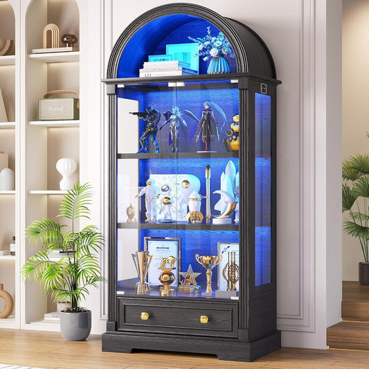 Black Curio Cabinet with Glass Doors, 72" Tall Arched Display Cabinet with Human Sensor Lights, 4-Tier Display Case for Collectibles Bookcase Living Room