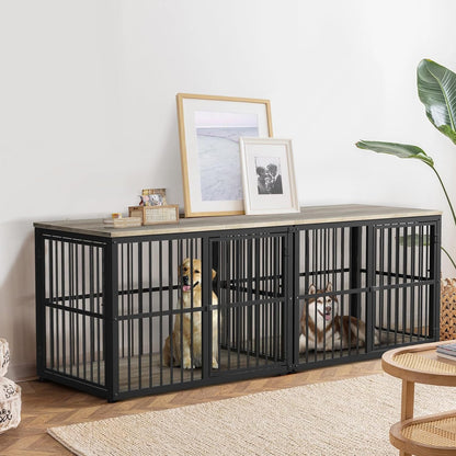 86.62'' Dog Crate Furniture Large Breed TV Stand with Double Rooms for 2 Large Medium Dogs, Wooden Indoor Kennel Crate Cage End Table with Removable Divider, Can Use Separately, Natural Beech