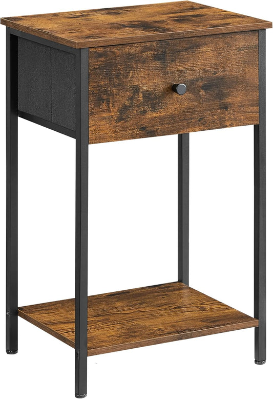 Nightstand, Side Table with Fabric Drawer, 24-Inch Tall End Table with Storage Shelf, Bedroom, Rustic Brown and Black ULGS021B01