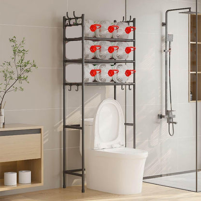 2-Tier over the Toilet Storage,Freestanding Metal Bathroom Shelves with 4 Hooks,Adjustable Shelf and Basket,Freestanding Space Saver Bathroom Shelves above Toilet for Room Black，Black