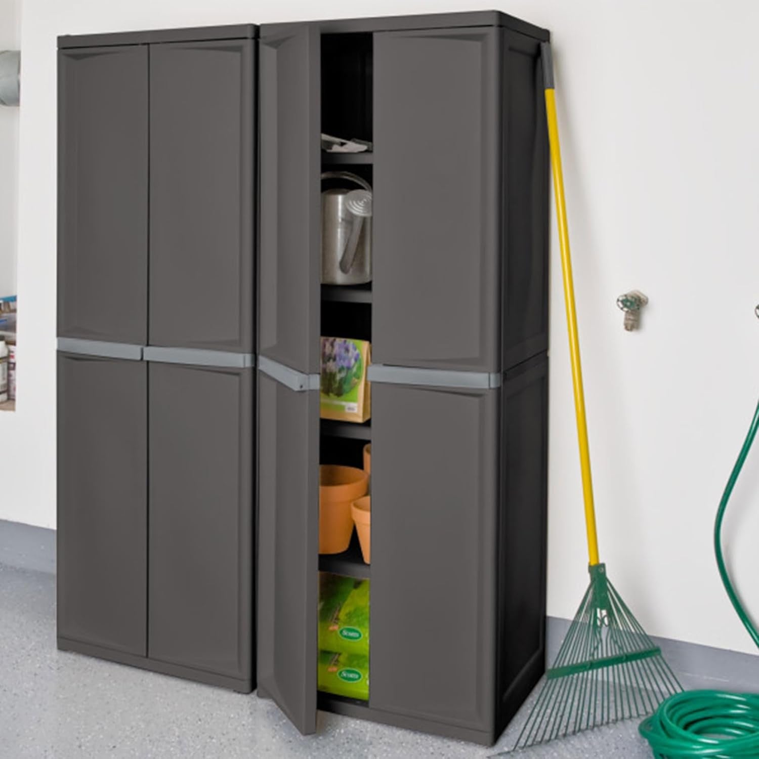 4 Shelf Cabinet, Lockable Utility Storage W/ Adjustable Shelves, Gray - Plastic Shelving Unit for Organizing Garage, Pantry, Basement, Laundry Room or Mudroom