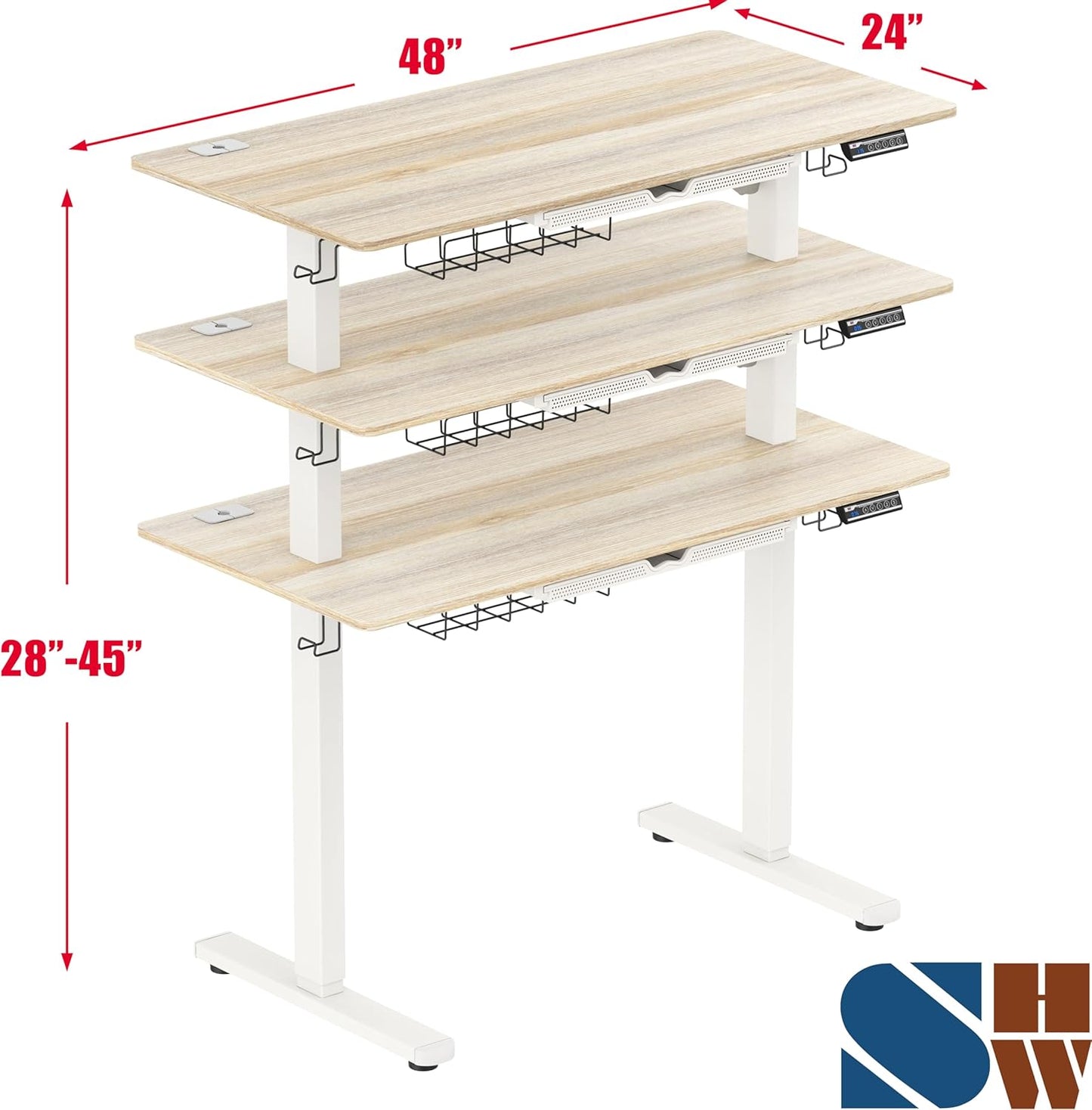 48-Inch Electric Height Adjustable Standing Desk with Drawer, Memory Preset and Cable Management Tray, Maple