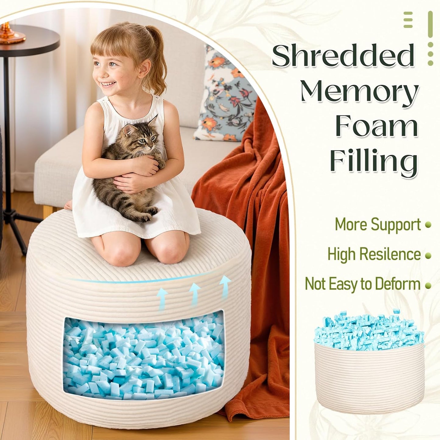 Round Corduroy Ottoman Foot Rest Pouf for Living Room Couch - Soft Plush Shredded Foam Filled Hassock Stool, Comfy Footstool