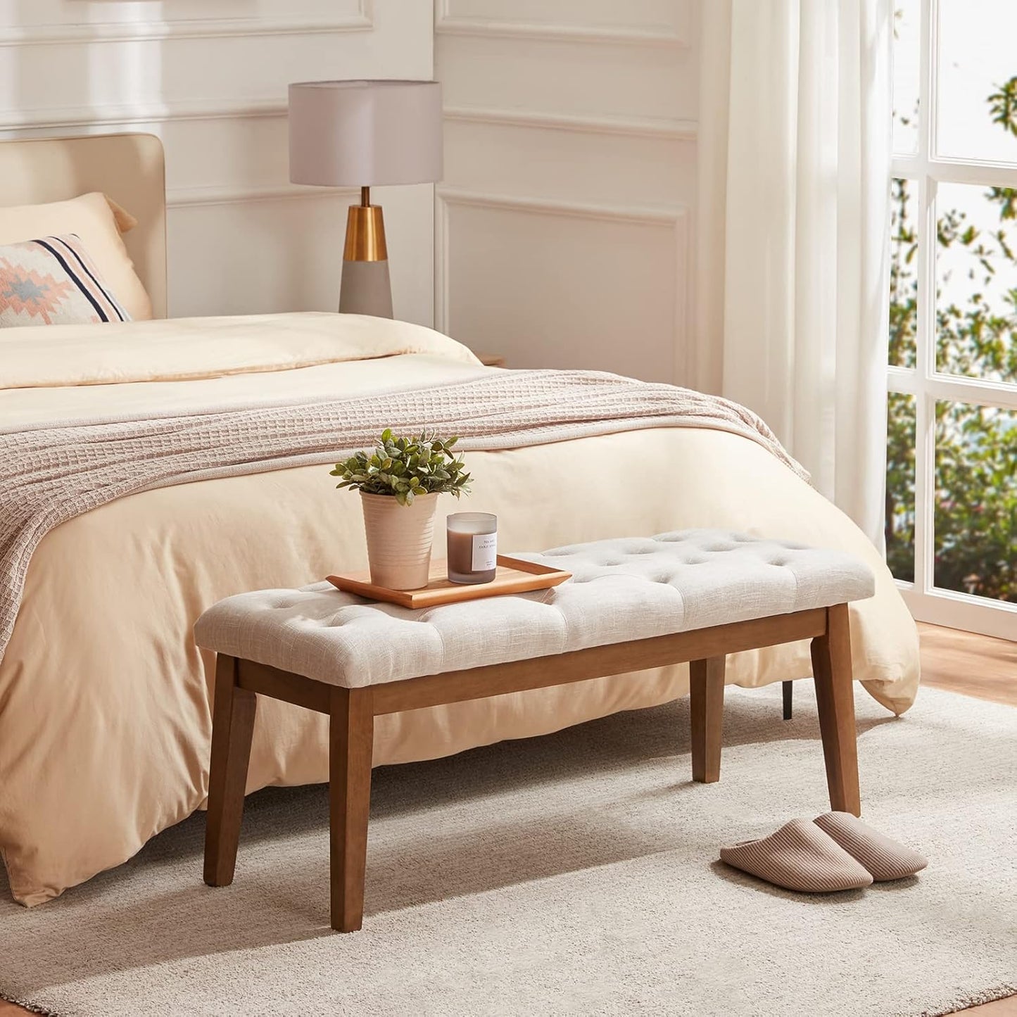 Bedroom Bench for End of Bed, Upholstered Dining Seat for Kitchen, Button-Tufted Ottoman Bench for Entryway and Living Room, Beige