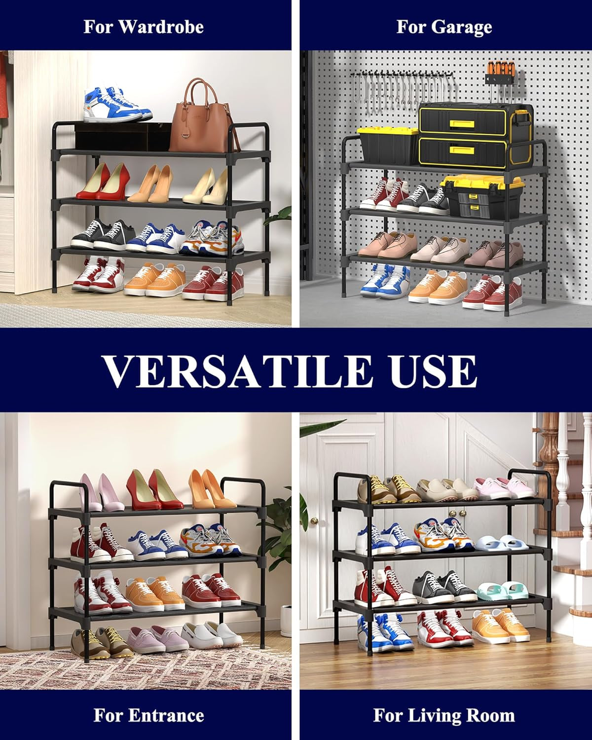 Shoe Rack for Closet, Sturdy Shoe Storage for Entryway, Space-Saving Shoe Rack Small and Shoe Shelf, 27.6" Wide, Black