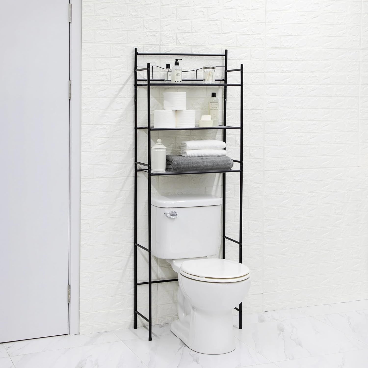 3-Tier Over-The-Toilet Steel Storage Rack - Matte Black Bathroom Organizer | 10 Lbs per Shelf Capacity | Space-Saving Design for Standard Toilets | Easy-Assembly Wall-Mounted Shelf Unit
