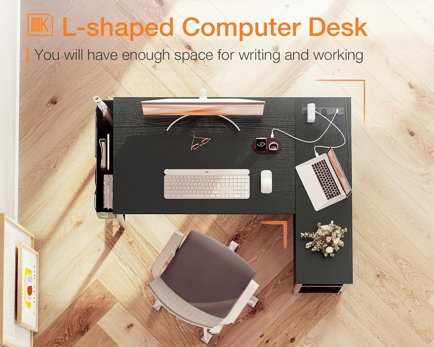 40 Inch Small L Shaped Gaming Computer Desk with Power Outlets, Reversible Storage Shelves & PC Stand for Home Office, Simple Writing Study Table with Storage Bag for Small Space, Black