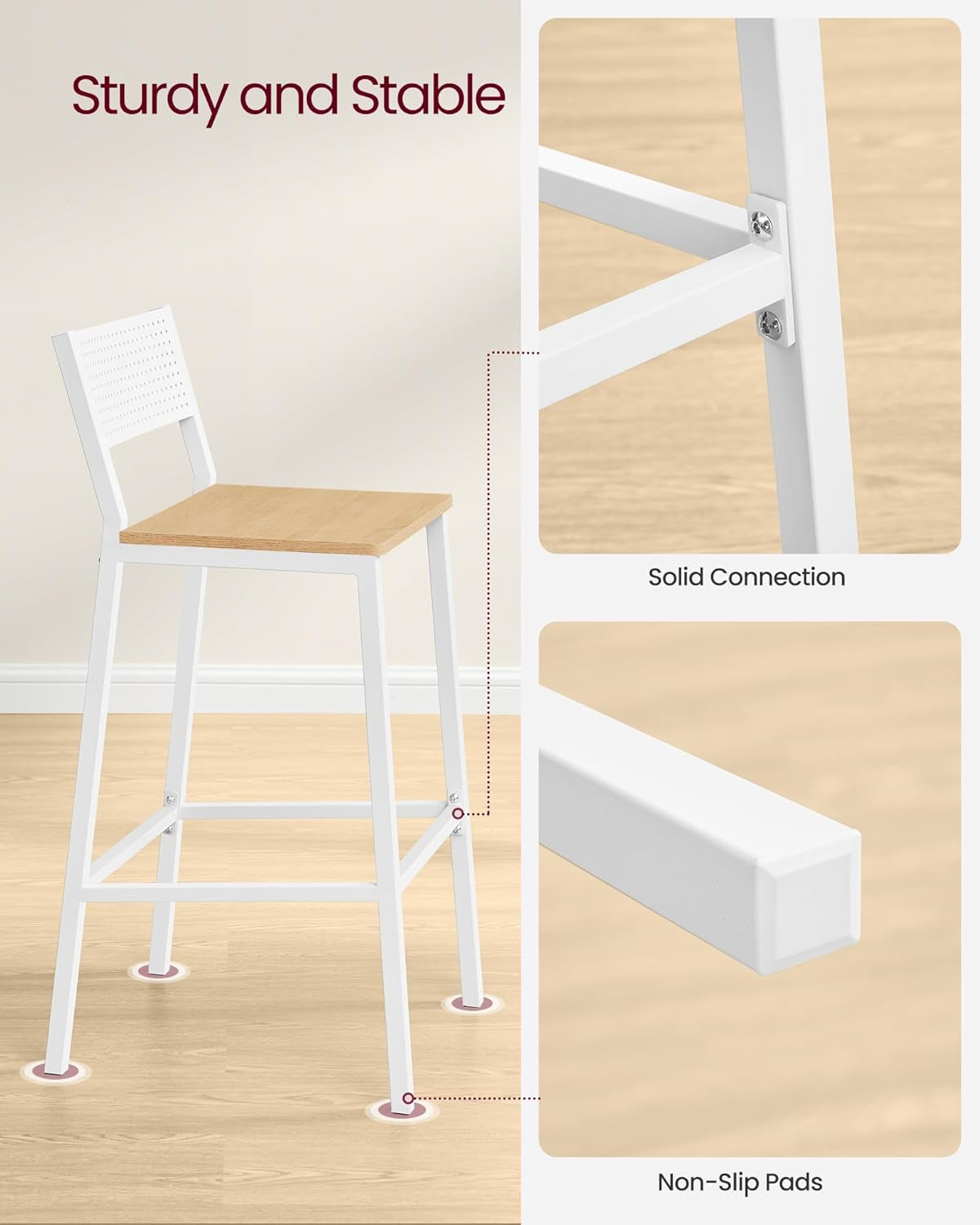 Bar Stool Set of 2, Bar Chairs for Kitchen, Dining Room, Industrial, Oak Beige and White ULBC070W09