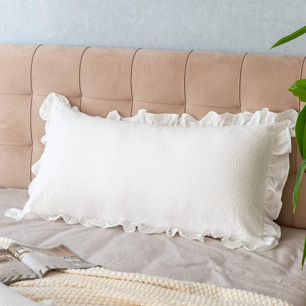 Pillow Shams Set of 2 Pure Cotton Champray Ruffled Edge,Thick and Solid Washed Dobby Heavy Fabric King 20X36 Inches