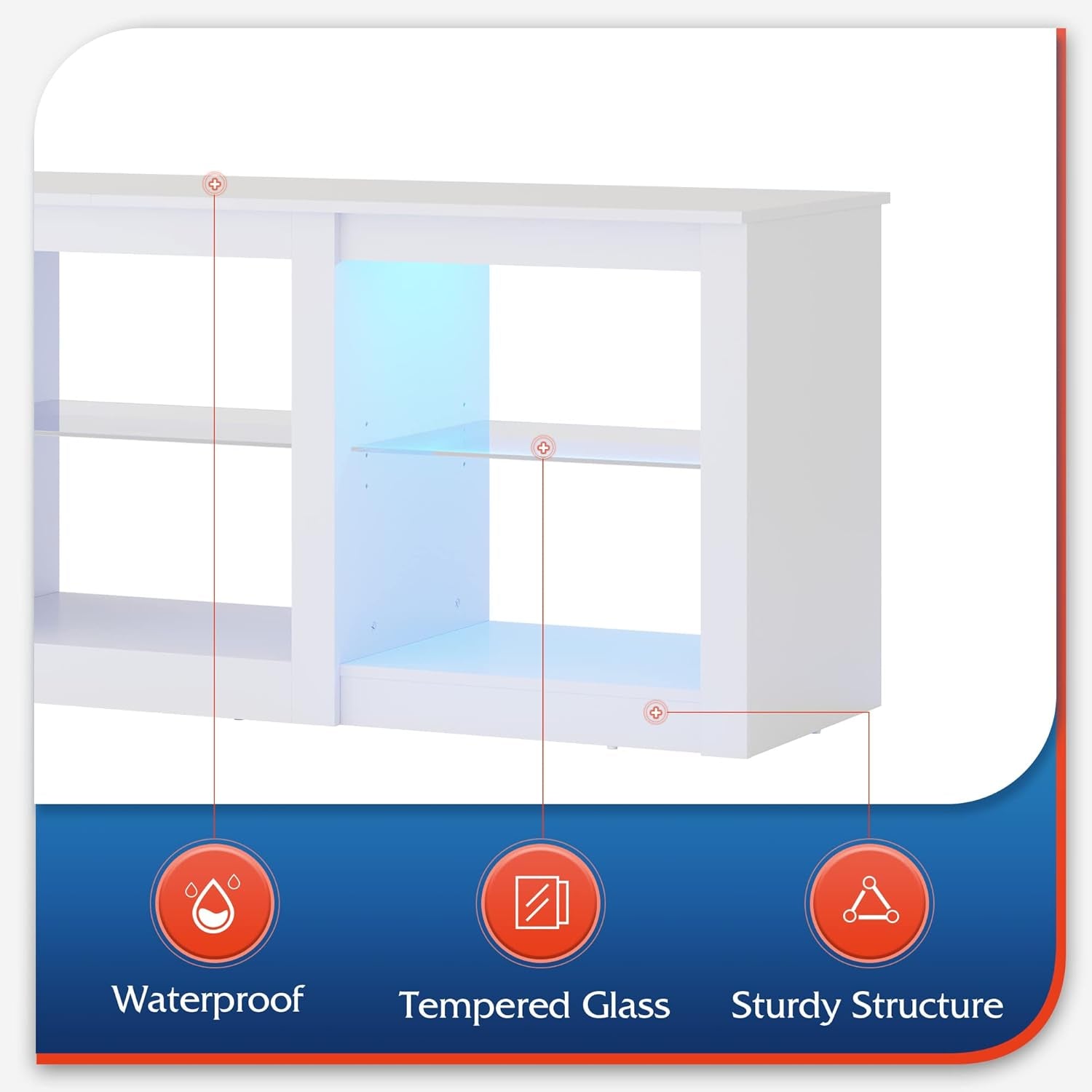 LED TV Stand for 65-Inch TV, 58-Inch Entertainment Center with Adjustable Glass Shelves, Modern Media Console for Living Room & Bedroom, White