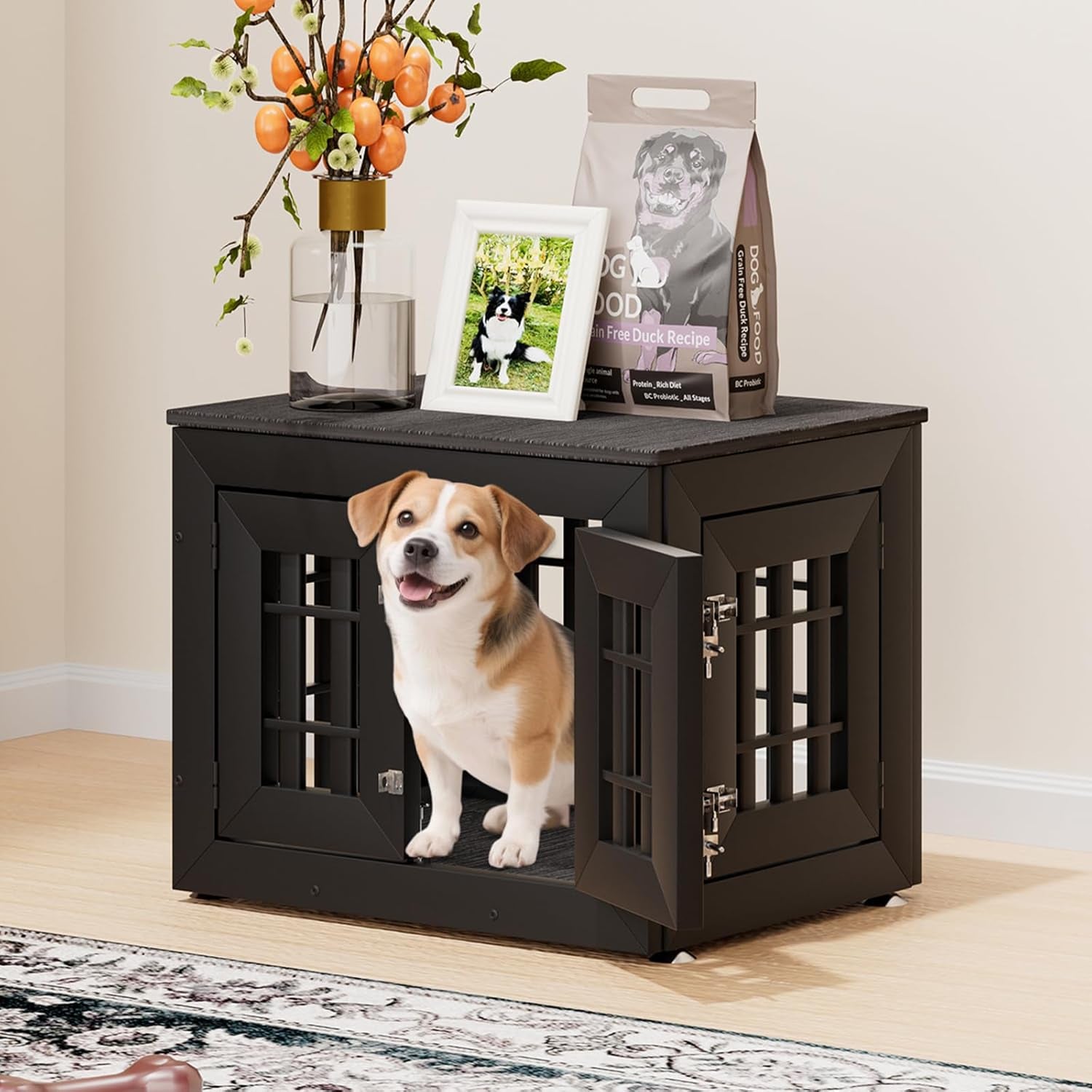 26" Heavy Duty Dog Crate Furniture for Small,Medium and Large Dogs,Rustic Wooden Dog Cage Kennel Indoor Furniture with Waterproof Top,Decorative Pet House Side End Table (Black & Grey)