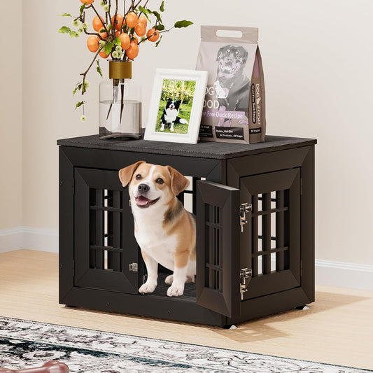 26" Heavy Duty Dog Crate Furniture for Small,Medium and Large Dogs,Rustic Wooden Dog Cage Kennel Indoor Furniture with Waterproof Top,Decorative Pet House Side End Table (Black & Grey)
