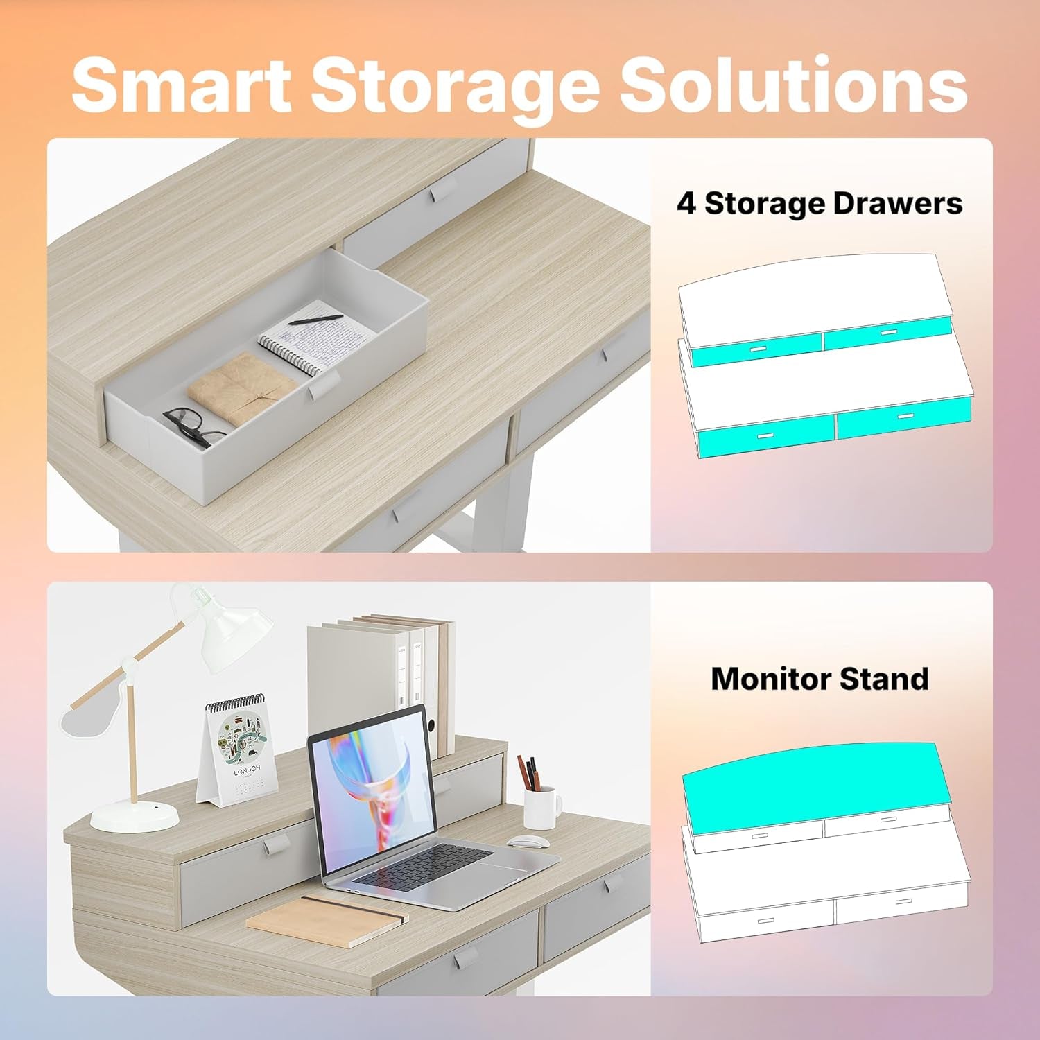 32 X 20 Inch Electric Standing Desk with 4 Drawers, Adjustable Height Sit Stand Home Office Desk, C-Clamp Mount Compatible, Ergonomic Stand up Desk with 4 Preset Heights, Natural