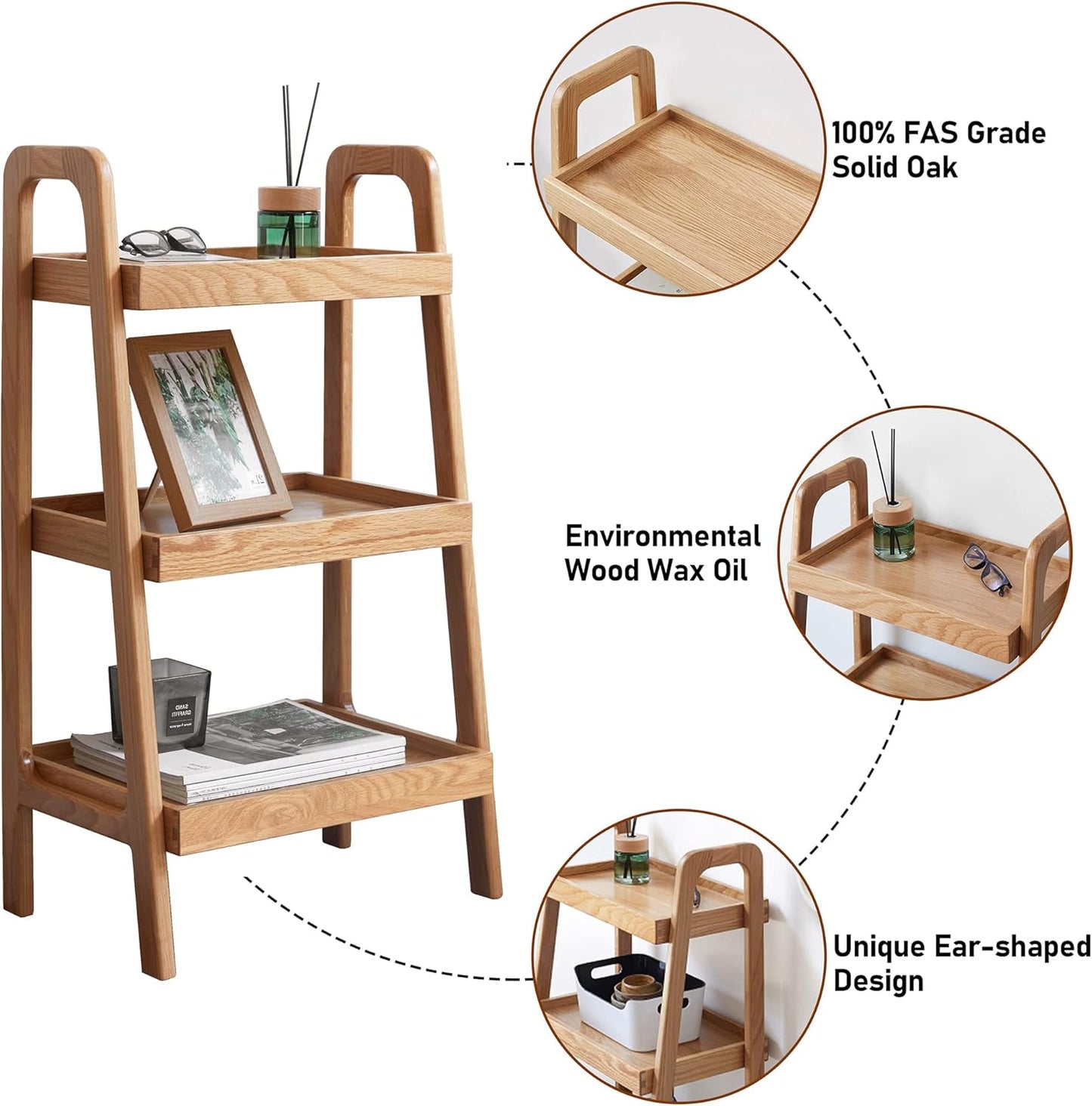 100% Solid Oak Sofa Table - Versatile Design Narrow End Table with 3-Tier Open Storage for Living Room, Bedroom, or Small Spaces - Ladder Shelf for Study (Natural)
