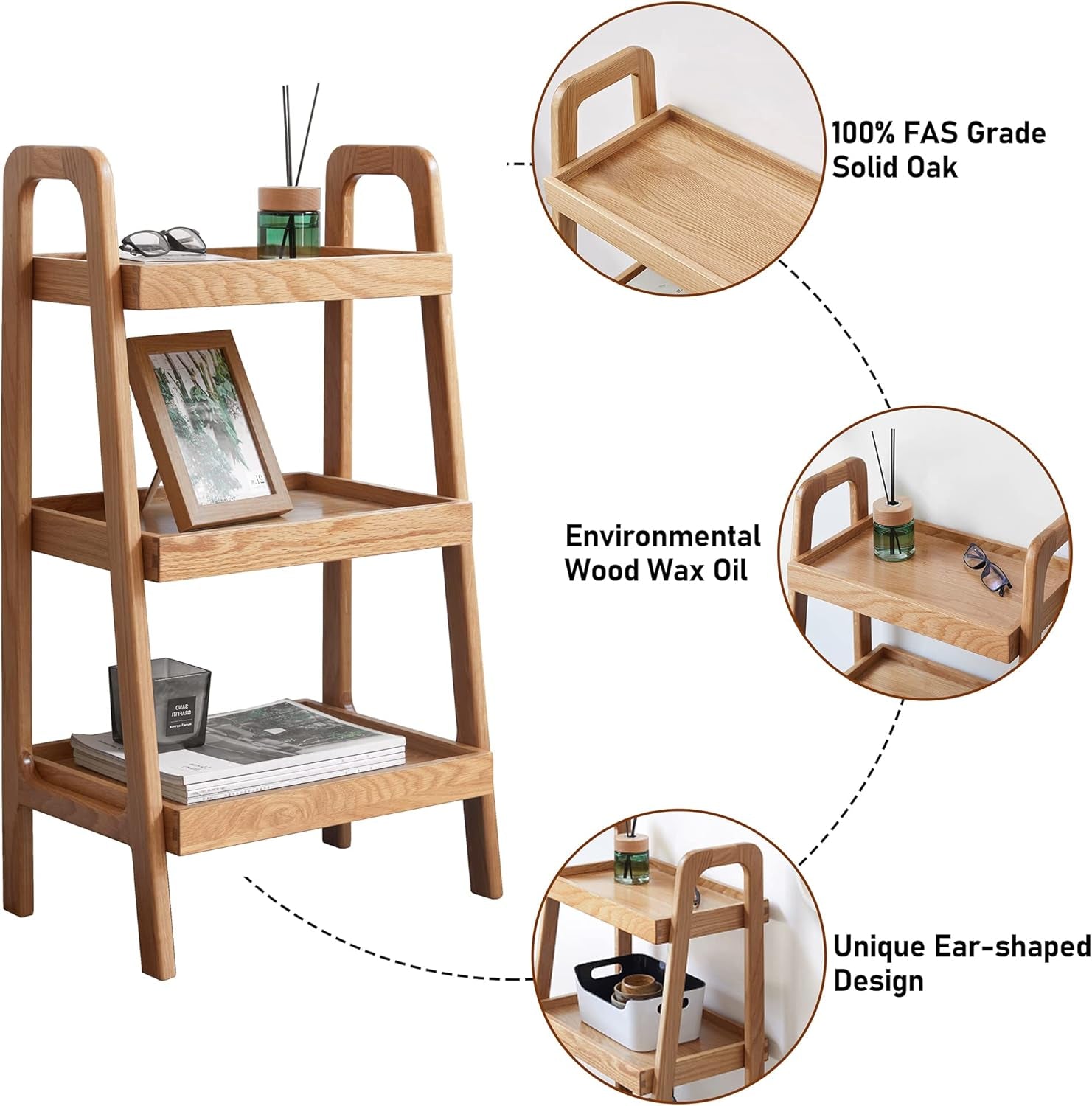 100% Solid Oak Sofa Table - Versatile Design Narrow End Table with 3-Tier Open Storage for Living Room, Bedroom, or Small Spaces - Ladder Shelf for Study (Natural)