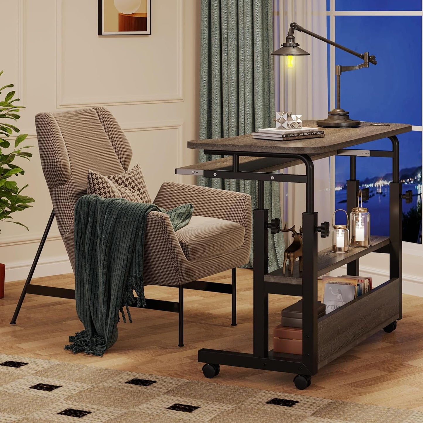 Portable Desk with Power Outlets, Height Adjustable Side Table Sofa Couch Bedside Laptop Computer Cart with USB Charging Ports, Mobile Small Standing Desk with Keyboard Tray