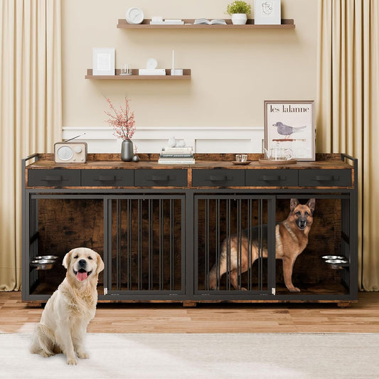 86.6" Large Double Dog Crate Furniture,Heavy Duty Metal Frame Dog Crate Kennel Sliding Doors,Chew-Resistant Dog Kennel for 2 Dogs with Bowls&Divider&Drawers Indoor