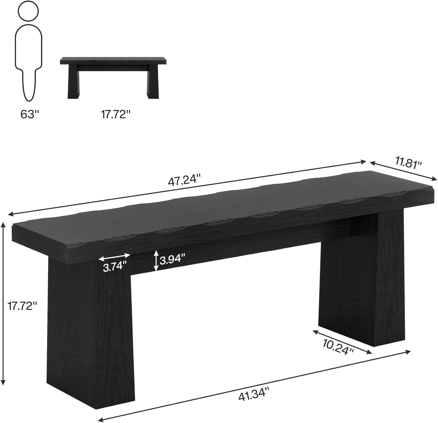 Wooden Dining Bench, 47-Inch Long Kitchen Bench with Sturdy Frame for Dining Room, Entryway, Living Room, Hallway, Easy Assembly (Black)