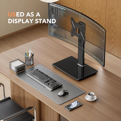 Universal Swivel TV /Table Top TV Stand for 19 to 43 Inch Tvs with 90 Degree Swivel, 4 Level Height Adjustable, Heavy Duty Tempered Glass Base, Holds up to 99LBS HT02B-001