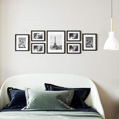 Picture Frames with 7 Mats, Set of 7 Collage Photo Frames, One 11X14, Two 8X10, Four 6X8 Frames, Hanging or Table Display, Glass, Black URPF37BK