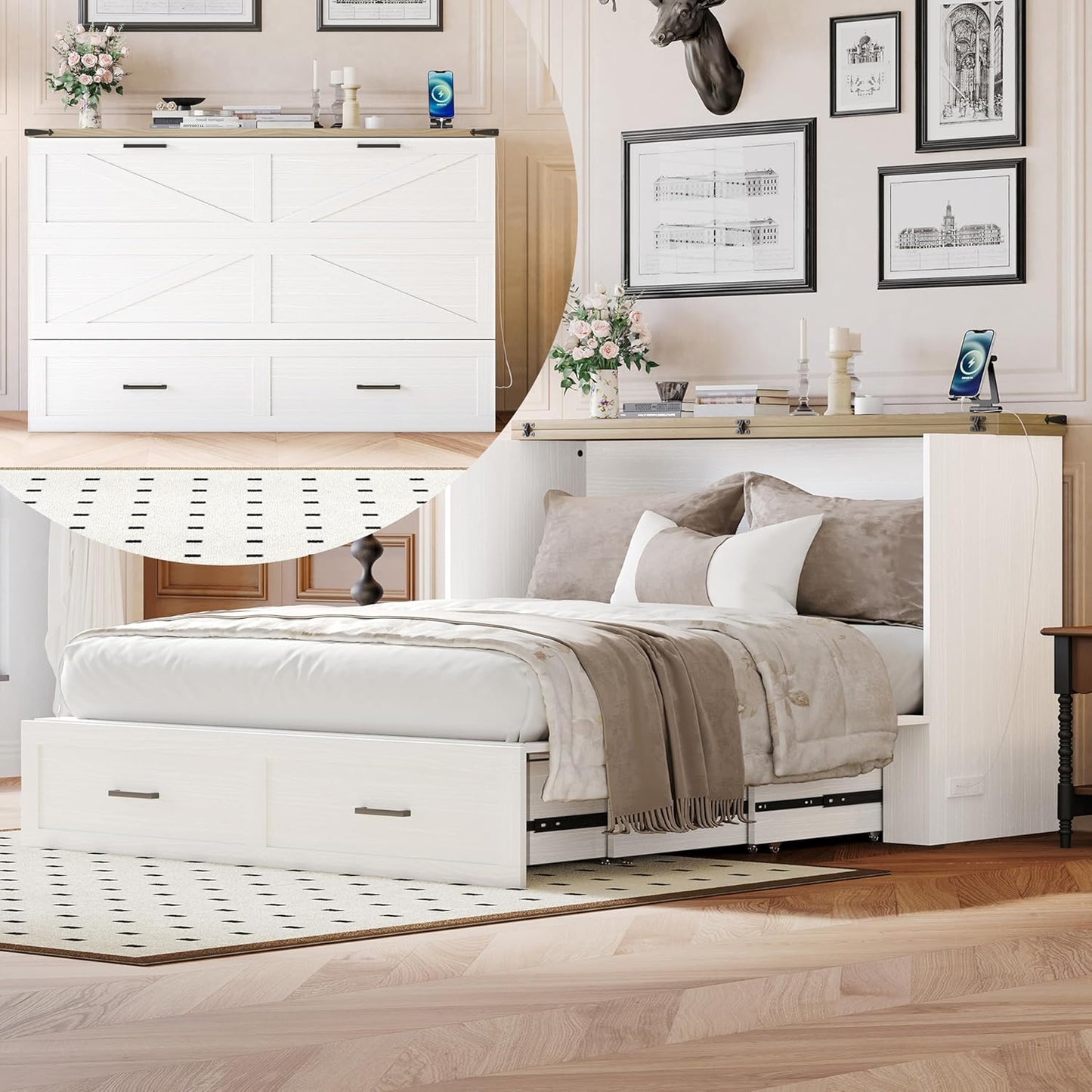 Modern Farmhouse Solid Wood Murphy Cabinet Bed with Charging Station, Foldable Wall Platform Bed with Storage Drawer/No Box Spring Needed/Easy Assemble/Queen, White