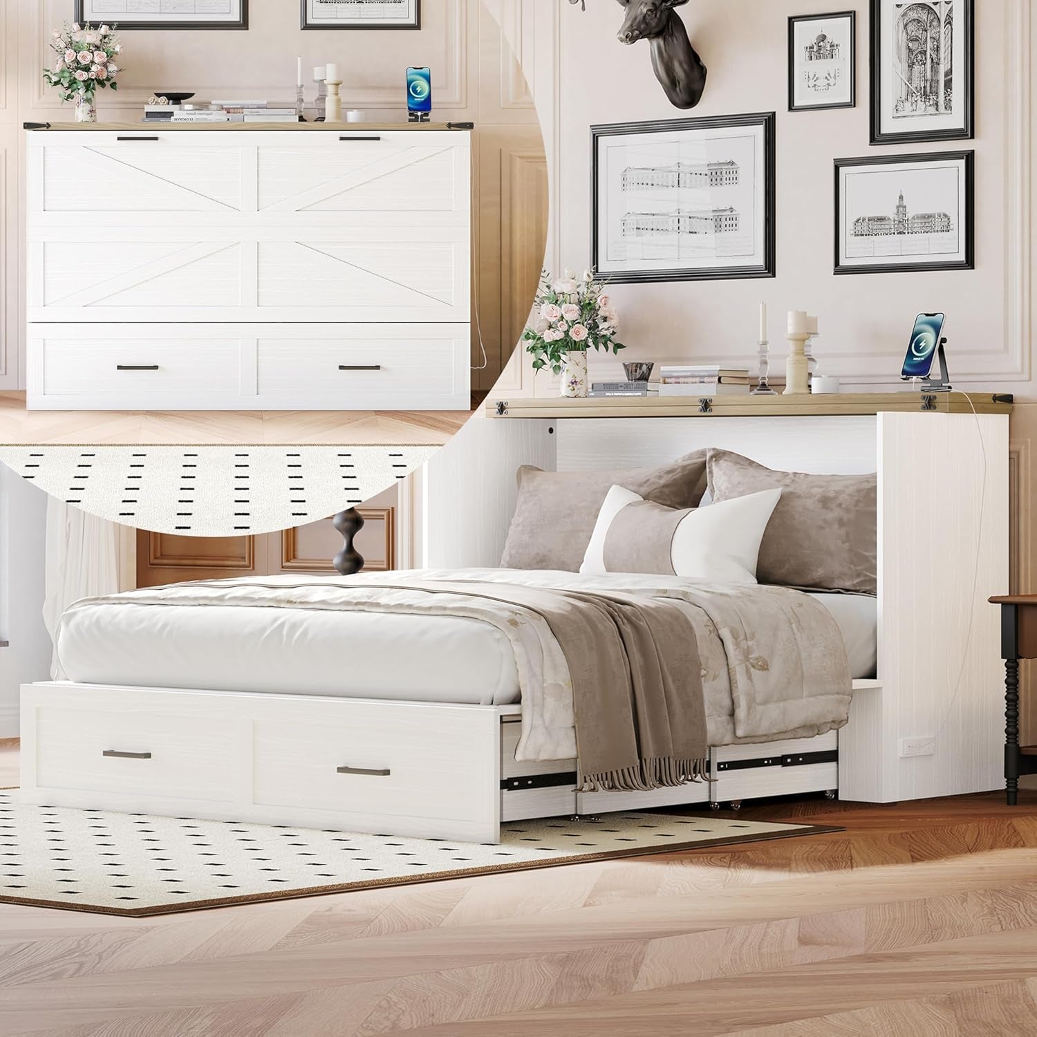 Modern Farmhouse Solid Wood Murphy Cabinet Bed with Charging Station, Foldable Wall Platform Bed with Storage Drawer/No Box Spring Needed/Easy Assemble/Queen, White