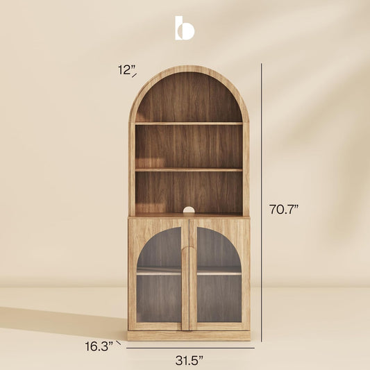 Arched Bookshelf with Glass Doors, 71" Tall Wood Display Cabinet with Adjustable Shelf and Hutch, 5 Tier Modern Bookcase Shelf with Storage for Living Room Office, Camel