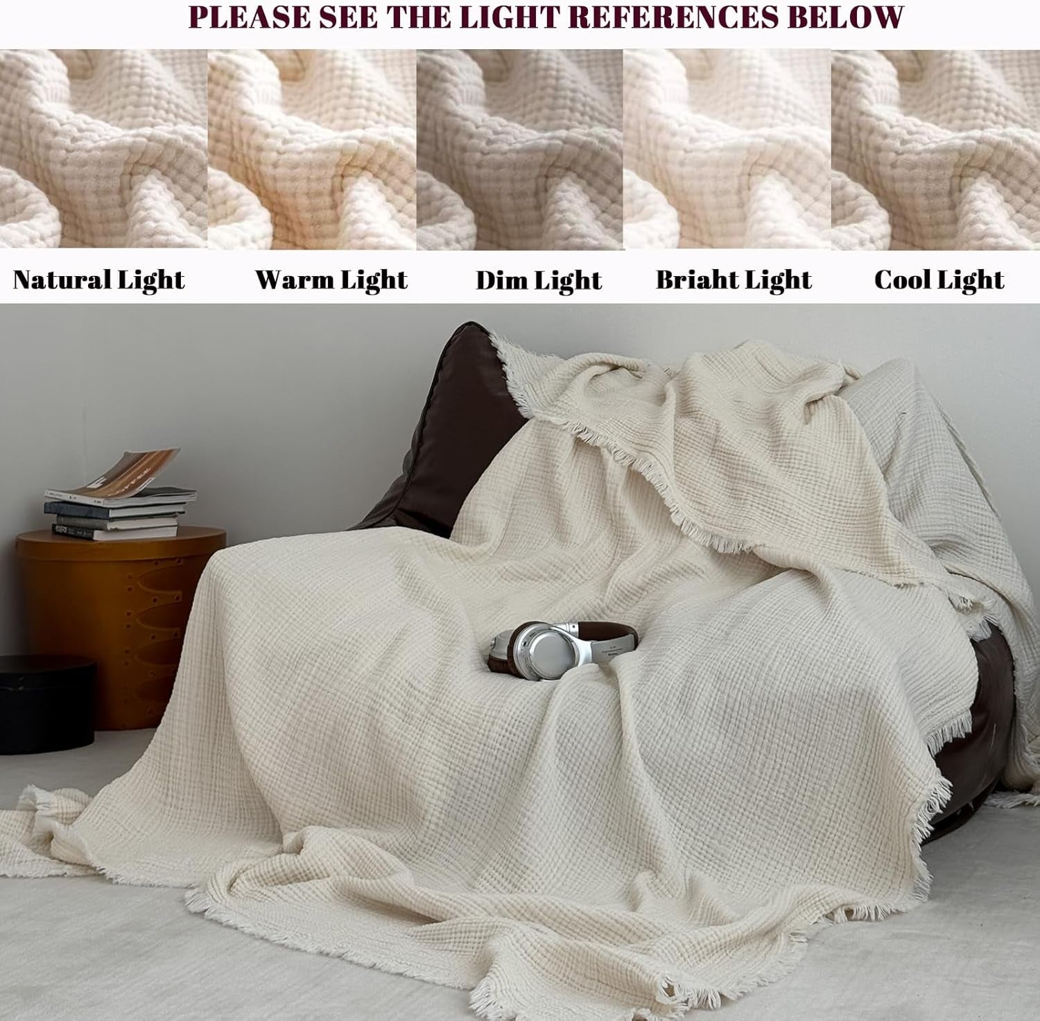 100% Cotton Muslin Throw Blanket with Fringes 50"X60", 4-Layer Cotton Gauze Blankets for Adults, Boho Bedding Breathable Lightweight Ultra-Soft for Couch Bed Sofa All Seasons, Linen Beige