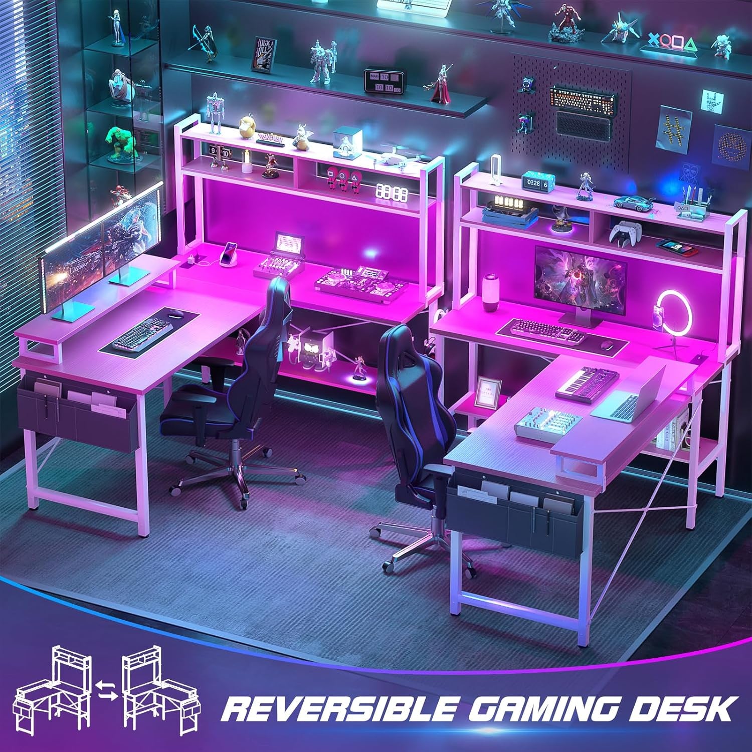 L Shaped Gaming Desk with Power Outlets & LED Lights, Small L- Shaped Desk Computer Corner Desk with Monitor Stand & Storage Shelf, Home Office Desk Writing Desk with Storage Bag, Pink
