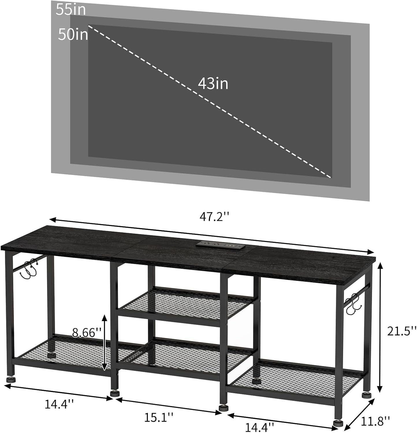 Black TV Stand Entertainment Center for 55 Inch Tvs, with Charging Station and Lights Open Storage Shelves, TV Media Console, Open Storage Shelf with Sound Rack for Living Room, Bedroom