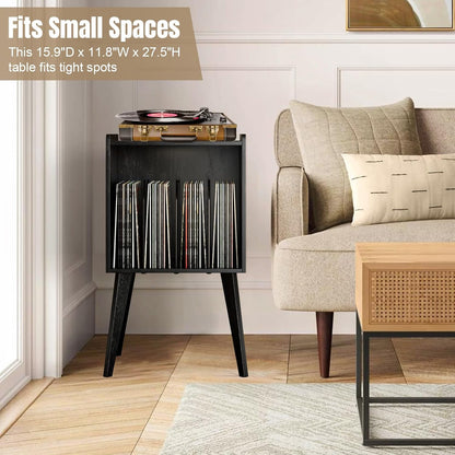 Record Player Stand – Mid-Century Vinyl Record Storage Stand Holds up to 160 Albums, Small Space Record Player Organizer Shelf with Wood Legs, Turntable Stand for Living Room, Bedroom