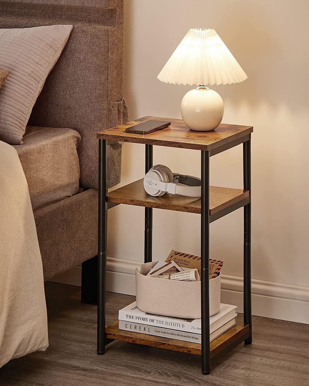 Side Table, Small End Table, Tall Nightstand for Living Room, Bedroom, Office, Bathroom, Rustic Brown and Classic Black ULET273B01