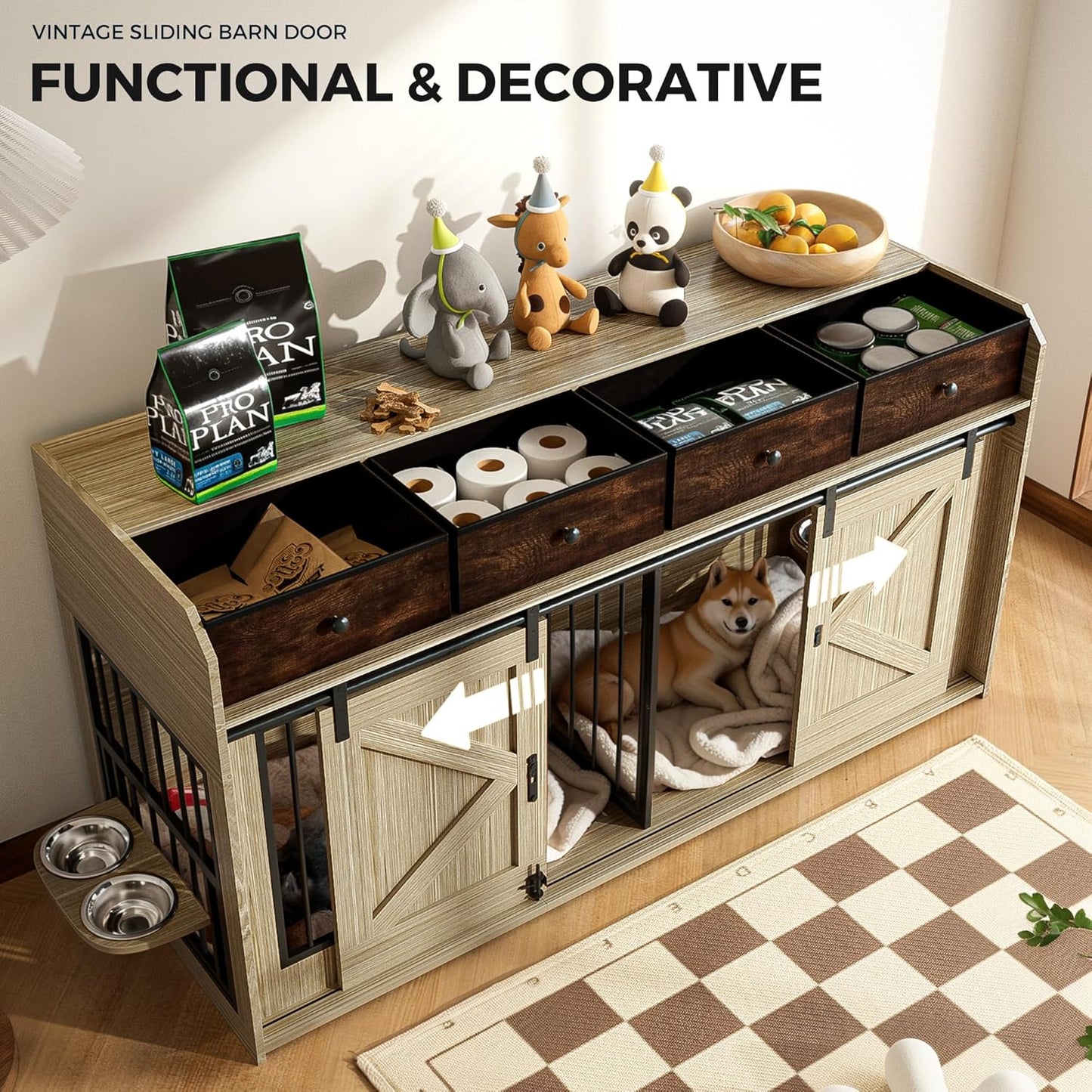63" Double Dog Crate Furniture – Wooden Dog Kennel Indoor with Sliding Doors, Adjustable Bowls & Storage Drawers – Large Dog Crate TV Stand for 2 Dogs, Beige Wood Grain