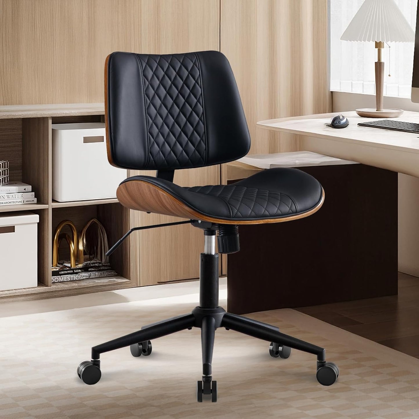 BV Small Desk Chair, Mid Century Office Chair with Bentwood Back, Armless Task Swivel Chair with Wheels, Mid Back No Arms, Faux Leather Office Chairs for Small Space, Black