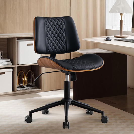 BV Small Desk Chair, Mid Century Office Chair with Bentwood Back, Armless Task Swivel Chair with Wheels, Mid Back No Arms, Faux Leather Office Chairs for Small Space, Black