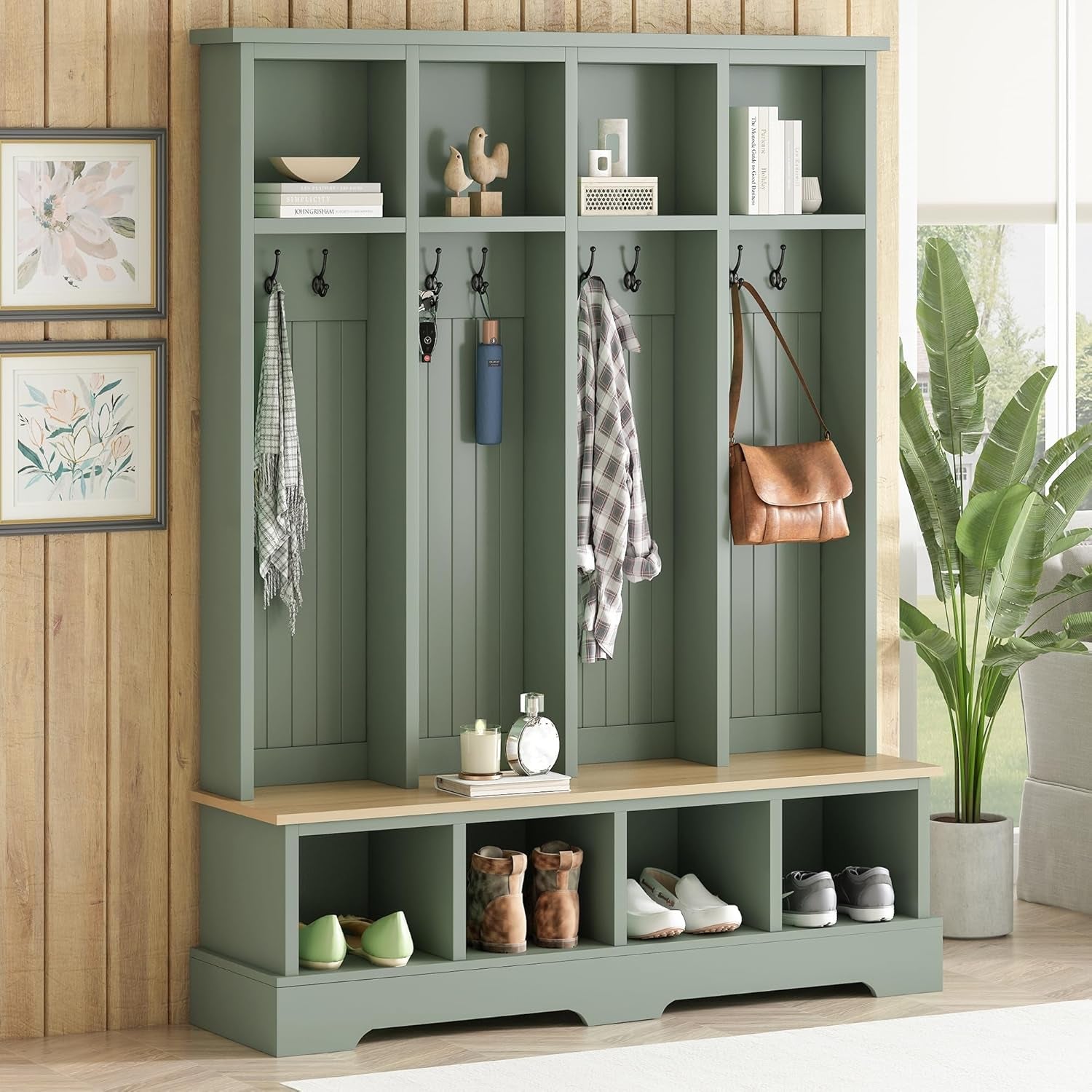 Farmhouse Hall Tree with Bench and Shoe Storage, 59" Entryway Bench with Coat Rack, 3-In-1 Hall Tree with Top Compartments and 8 Hooks for Hallway, Living Room, Green