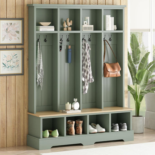 Farmhouse Hall Tree with 8 Hooks,Entryway Cabinet W/Bench,Multi-Functional Coat Rack W/4 Storage Unit and 4 Shoe Cabinet,Entryway Cabinets for Hallway,Living Room,Mudroom,Green