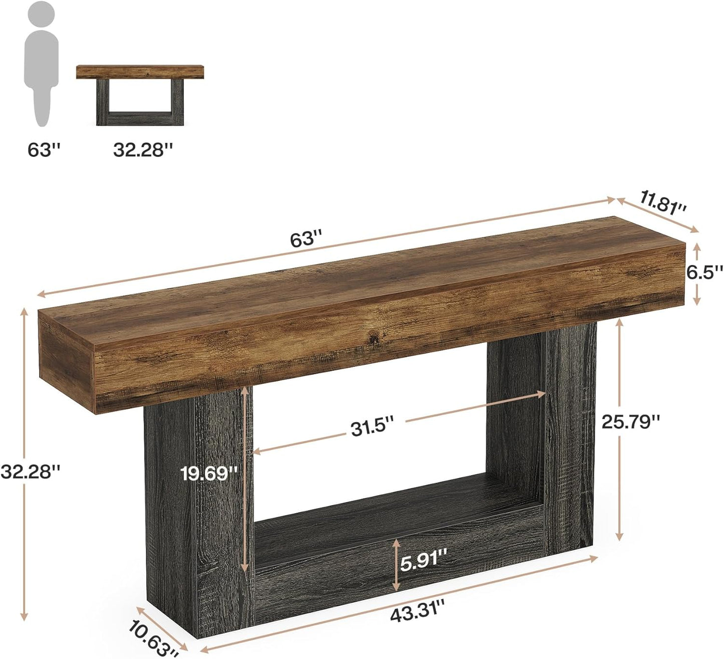 63" Console Table, Farmhouse 2-Tier Entryway Table with U-Shaped Base, Narrow Long Wood Sofa Table behind Couch Table for Living Room, Hallway, Foyer, Vintage Brown & Gray