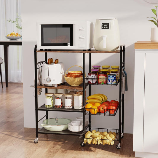 Rolling Kitchen Microwave Cart - 4 Tier Microwave Table Stand with Pull-Out Baskets, Coffee Bar Baker'S Rack with Wheels Rolling Storage Cart Organizer Shelf for Living Room Office, Balcony