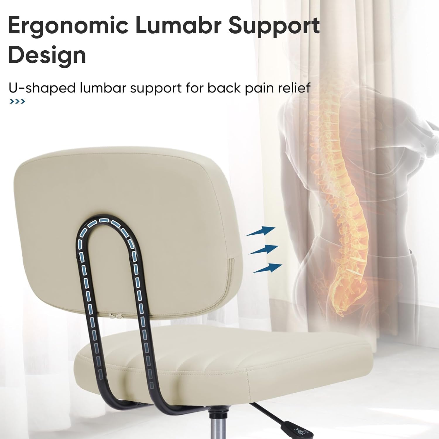 Armless Home Office Desk Chair -Small Ergonomic with Low Back Lumbar Support, Height Adjustable PU Leather Computer Task with 360° Swivel Rolling Wheels, for Small Space, Beige White