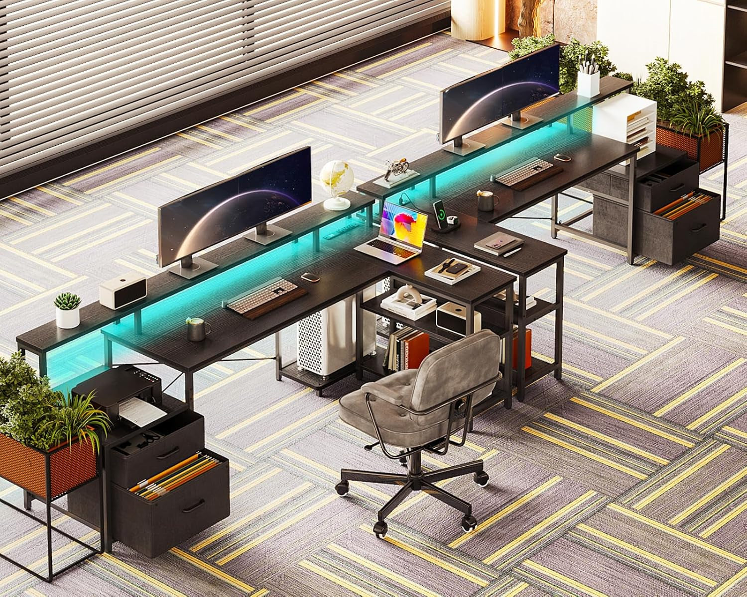 L Shaped Desk with File Drawer, 75" Reversible L Shaped Computer Desk with Power Outlet & LED Strip, Office Desk with Storage Shelves, Gaming Desk with Monitor Shelf, Corner Desk, Black