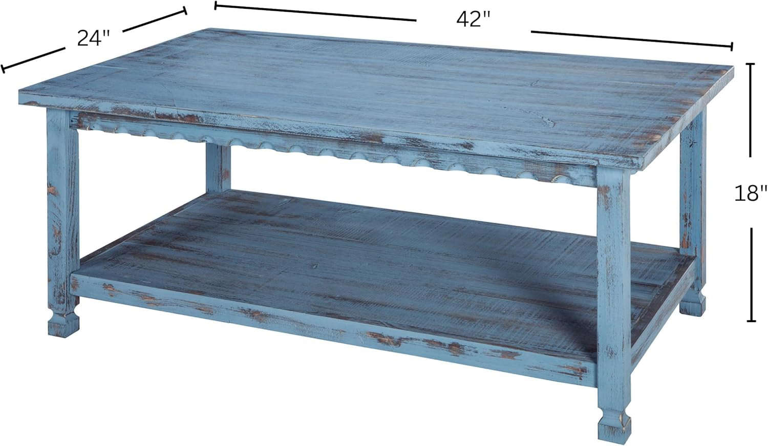 Rustic Rectangular Coffee Table, 42 In. W X 24 In. D X 18 In. H, Living Room Blue Antique, W/ (1) 36 In. W X 18 In. D X 10 In. H Shelf, Farmhouse/Cottage Style, Select Hardwood/Construction