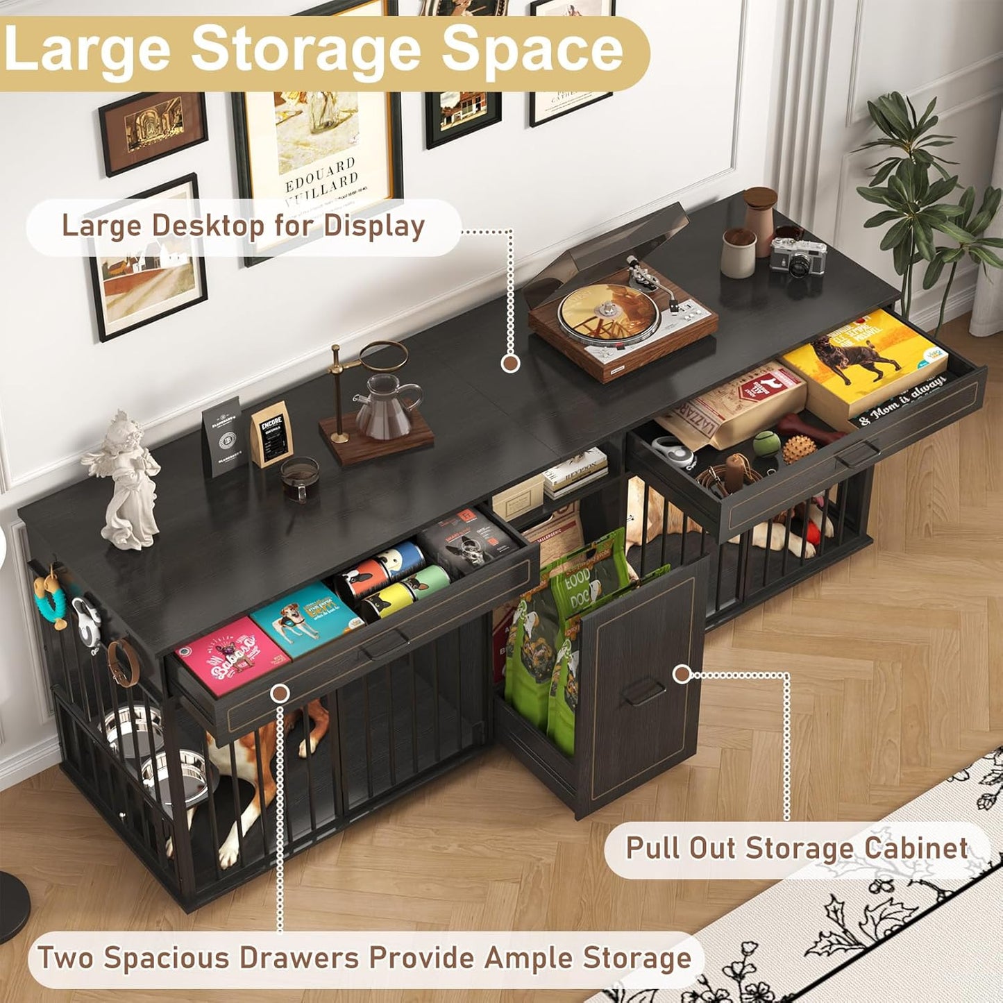 86.6" Dog Crate Furniture Large Breed TV Stand with Double Rooms, Wooden Dog Kennel Furniture with Dog Bowl, 2 Drawers and Cabinet for Large Medium Dogs, Black
