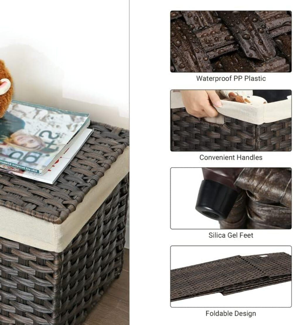 Storage Basket with Lid, 42.3 Gallon (160L) Storage Bin, Woven Blanket Storage Basket with Handles, Foldable, Removable Liner, Metal Frame, for Bedroom, Laundry Room, Brown URST76BR