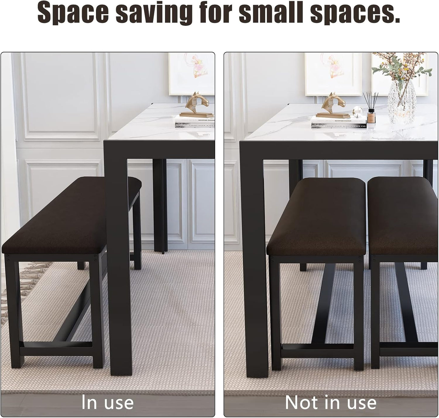 Dining Room Table Set with 2 Benches, Dining Table Set for 4-6, Dinner Table Set for 4, Faux Marble Breakfast Table Set & PU Leather Upholstered Benches for Small Spaces, Apartment, White